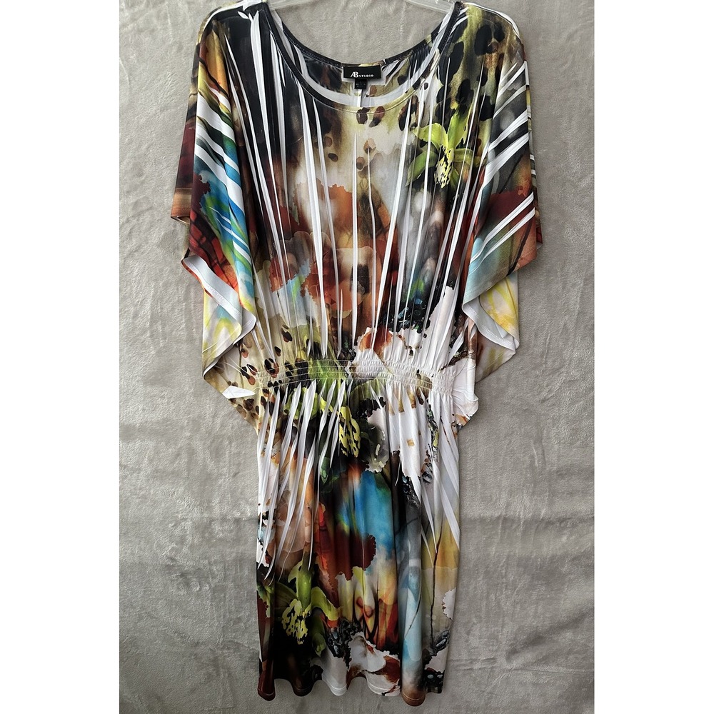 AB Studio Dress Womens Large Multi Color Abstract Print Short Sleeve Made USA